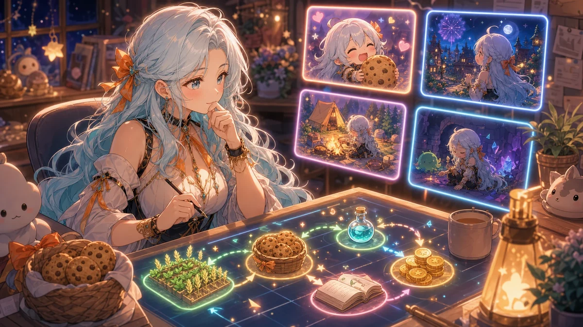 作戦ボードとクッキー、畑、コインを見ながら配信を整理する女性キャラクターのイメージ