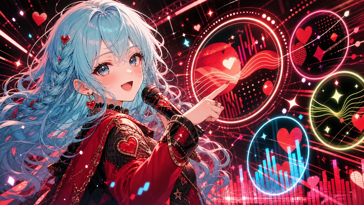 丸いフレームと流れる音の波を眺めるかわいいオリジナルキャラクターのイメージ