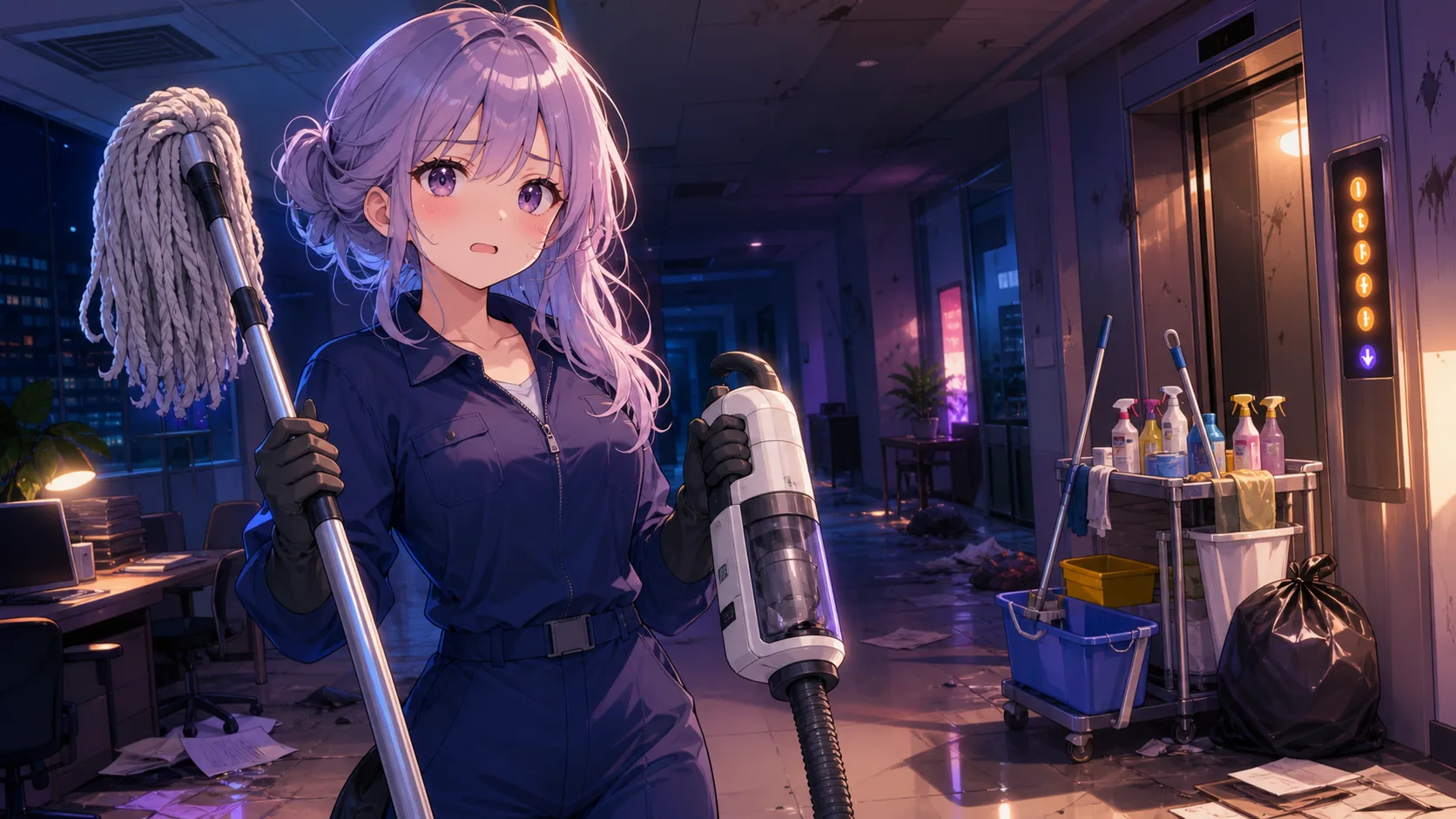 清掃道具を手に夜のオフィスへ入るオリジナル女性キャラクターのイメージ
