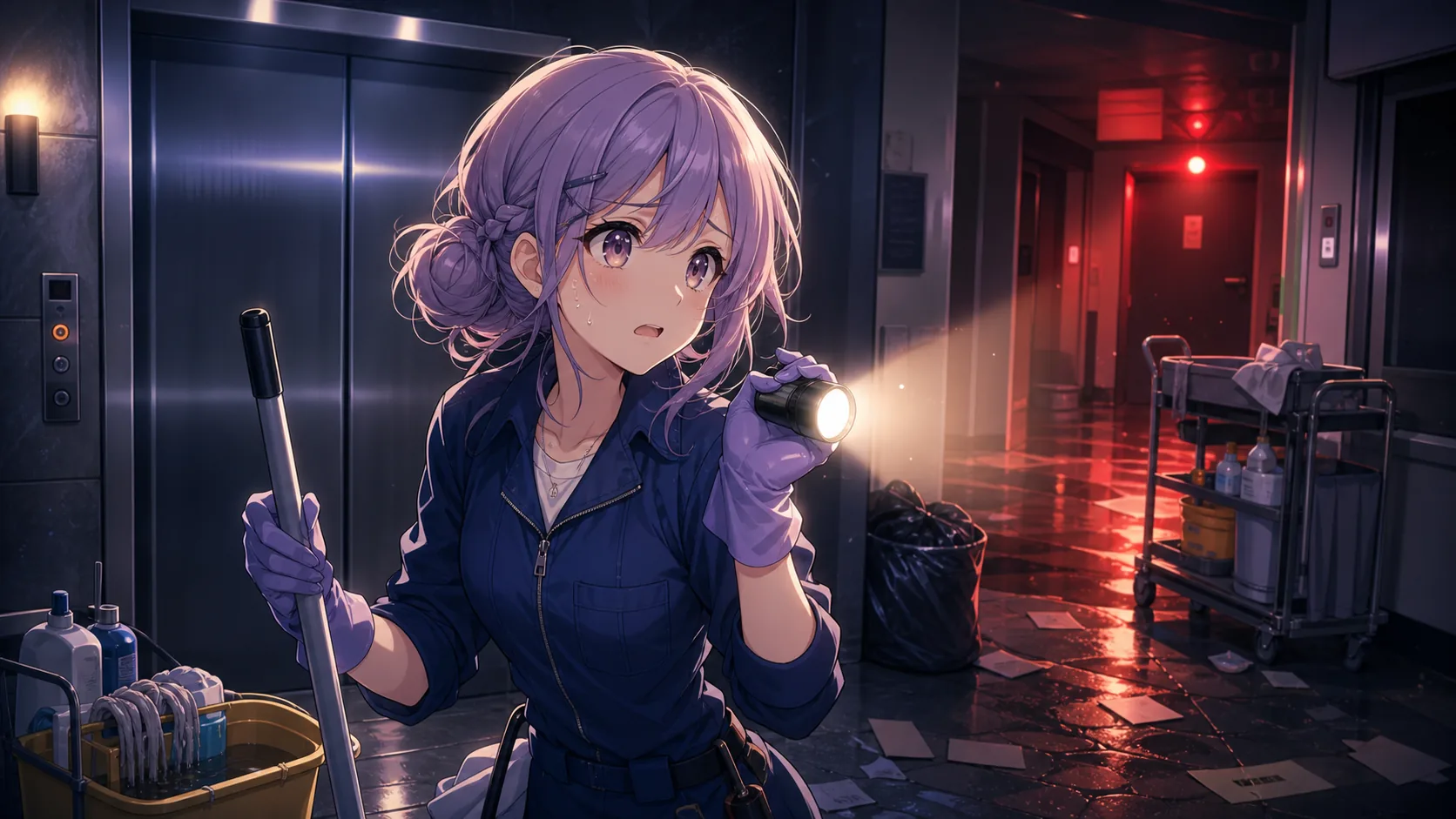 動かないエレベーター前で清掃道具を抱えるオリジナル女性キャラクターのイメージ