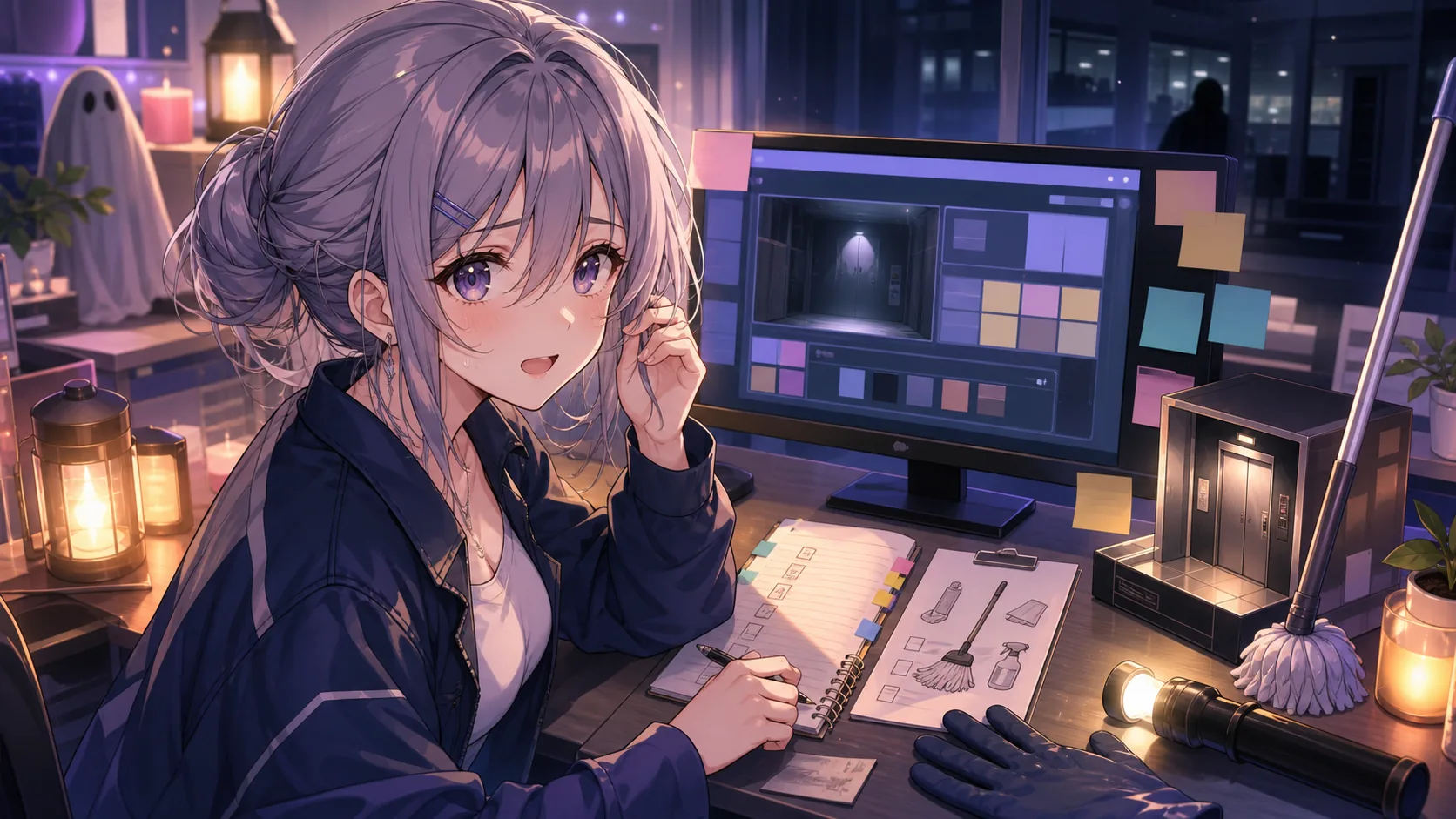 配信後の机でSteam情報と怖さのメモを整理するオリジナル女性キャラクターのイメージ