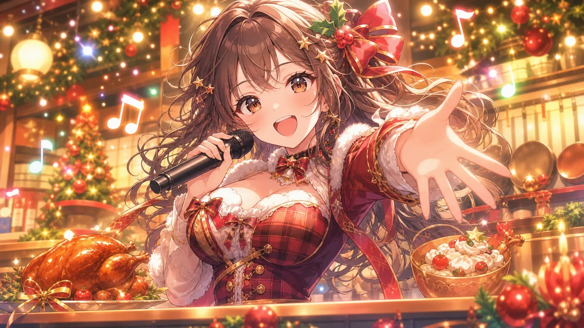 クリスマスの売り場ステージでマイクを持って歌うオリジナルキャラクターのイメージ