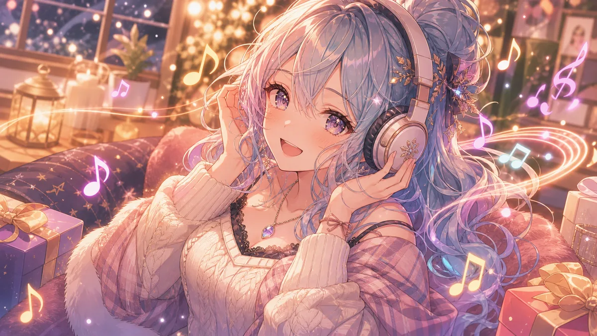 音楽配信の導線をヘッドホンで確かめるかわいいオリジナルキャラクターのイメージ
