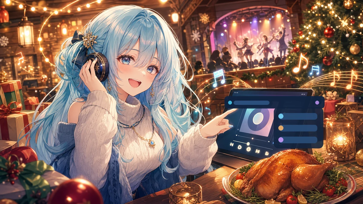 クリスマスの音楽空間でヘッドホンを当てながら配信音源を指し示すオリジナルキャラクターのイメージ