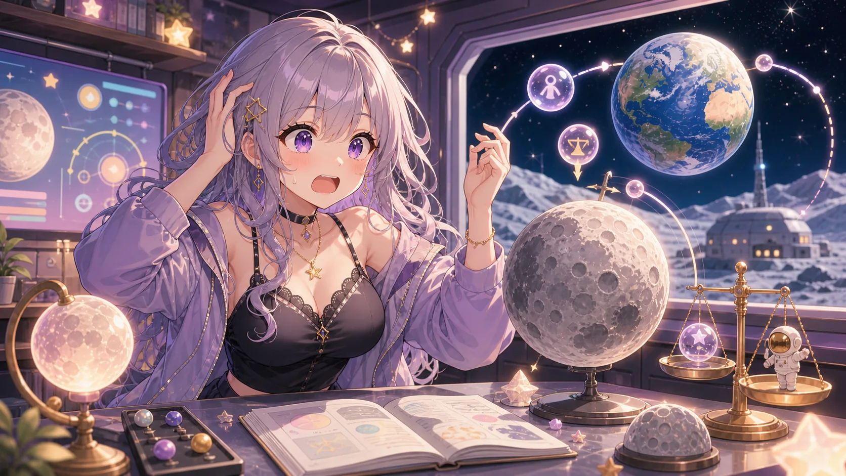 月と地球の模型や重力を示す光る小物に囲まれて計算に慌てるオリジナル女性キャラクターのイメージ