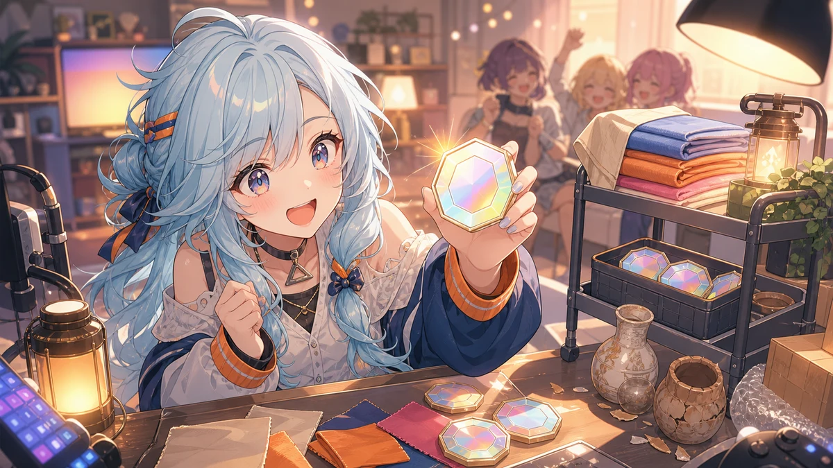 明るい配信部屋で小さなカートとカラフルな探索アイテムを囲むオリジナル女性キャラクターのイメージ