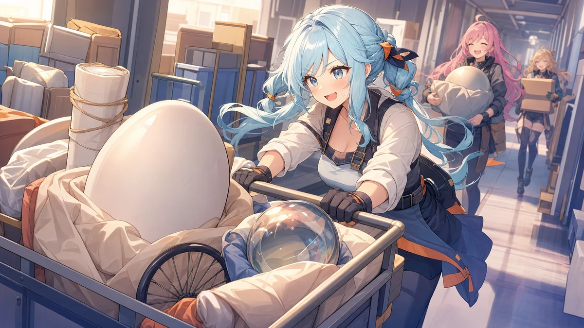 薄明るい倉庫の通路でカートに壊れやすい品物を積み込むオリジナル女性キャラクターのイメージ