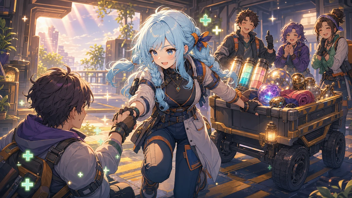 安全地帯の近くで仲間を助ける判断をしながら回収品を守るオリジナル女性キャラクターのイメージ