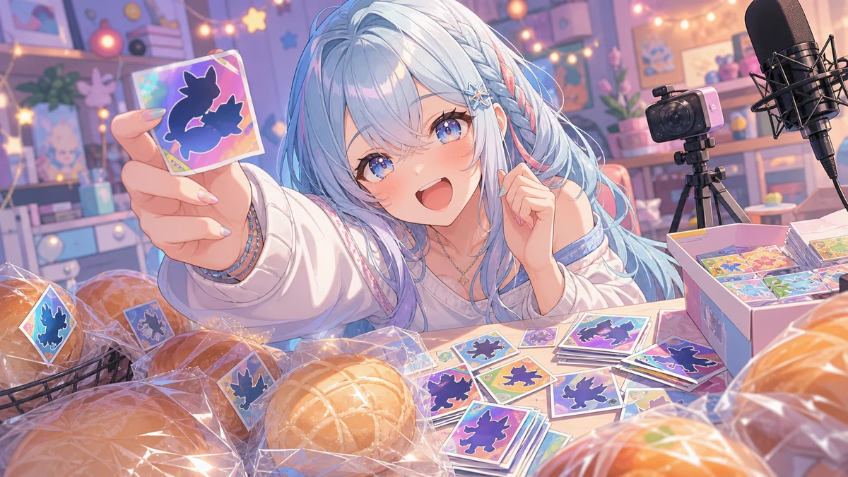 淡い水色の髪のオリジナル女性キャラクターがパンとシールカードを見せる配信部屋のイメージ