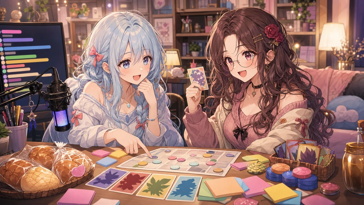 淡い水色と茶色の髪のオリジナル女性キャラクターが作戦ボードを囲む配信部屋のイメージ