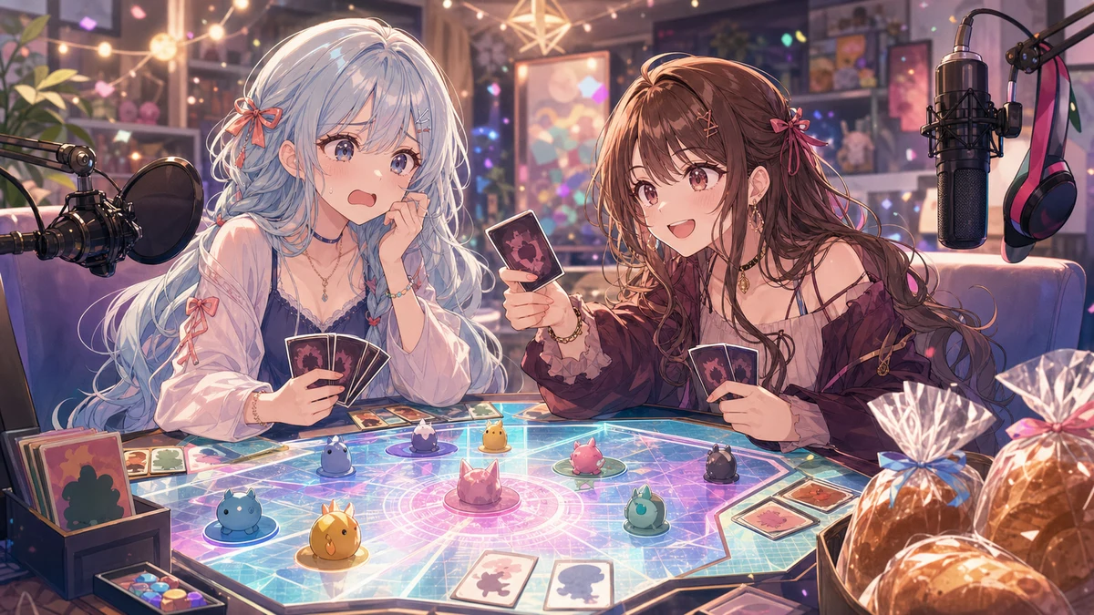 光る卓上ステージで小さな駒を前に驚くオリジナル女性キャラクターたちのイメージ