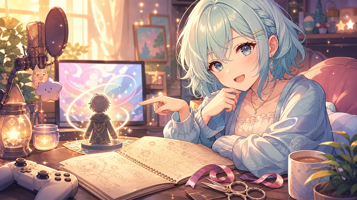 明るい配信机で断髪後の変化を見つめるオリジナル女性キャラクターのイメージ