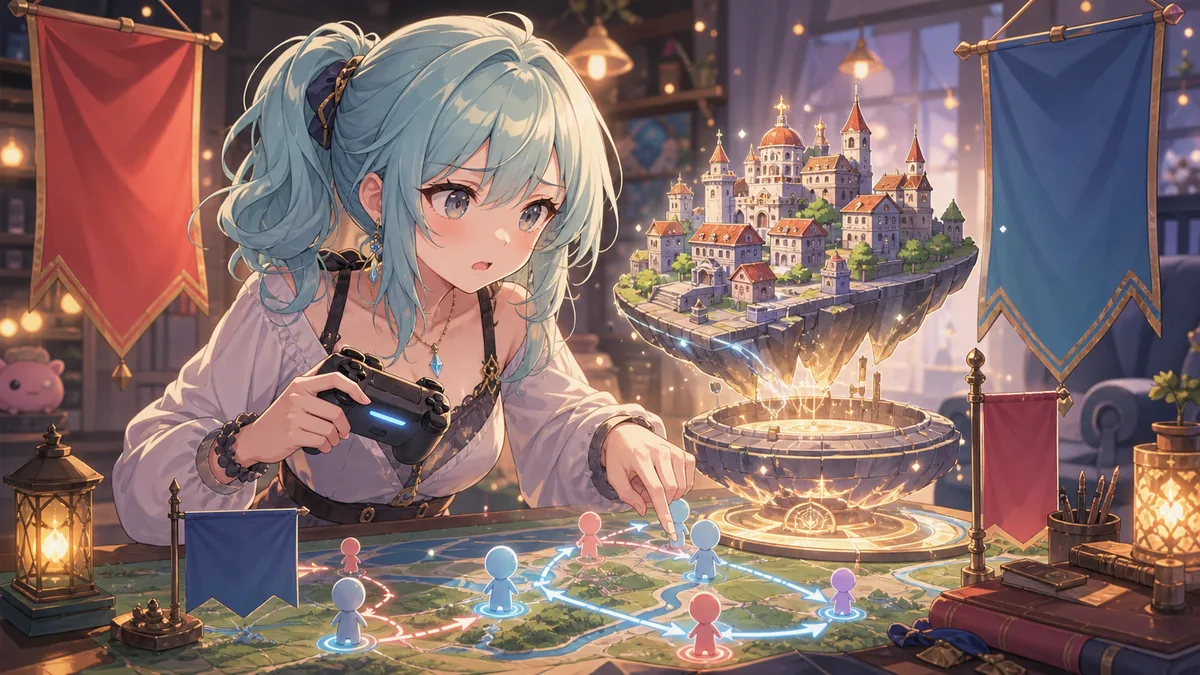 浮かぶ町の救出ルートを示すオリジナル女性キャラクターのイメージ