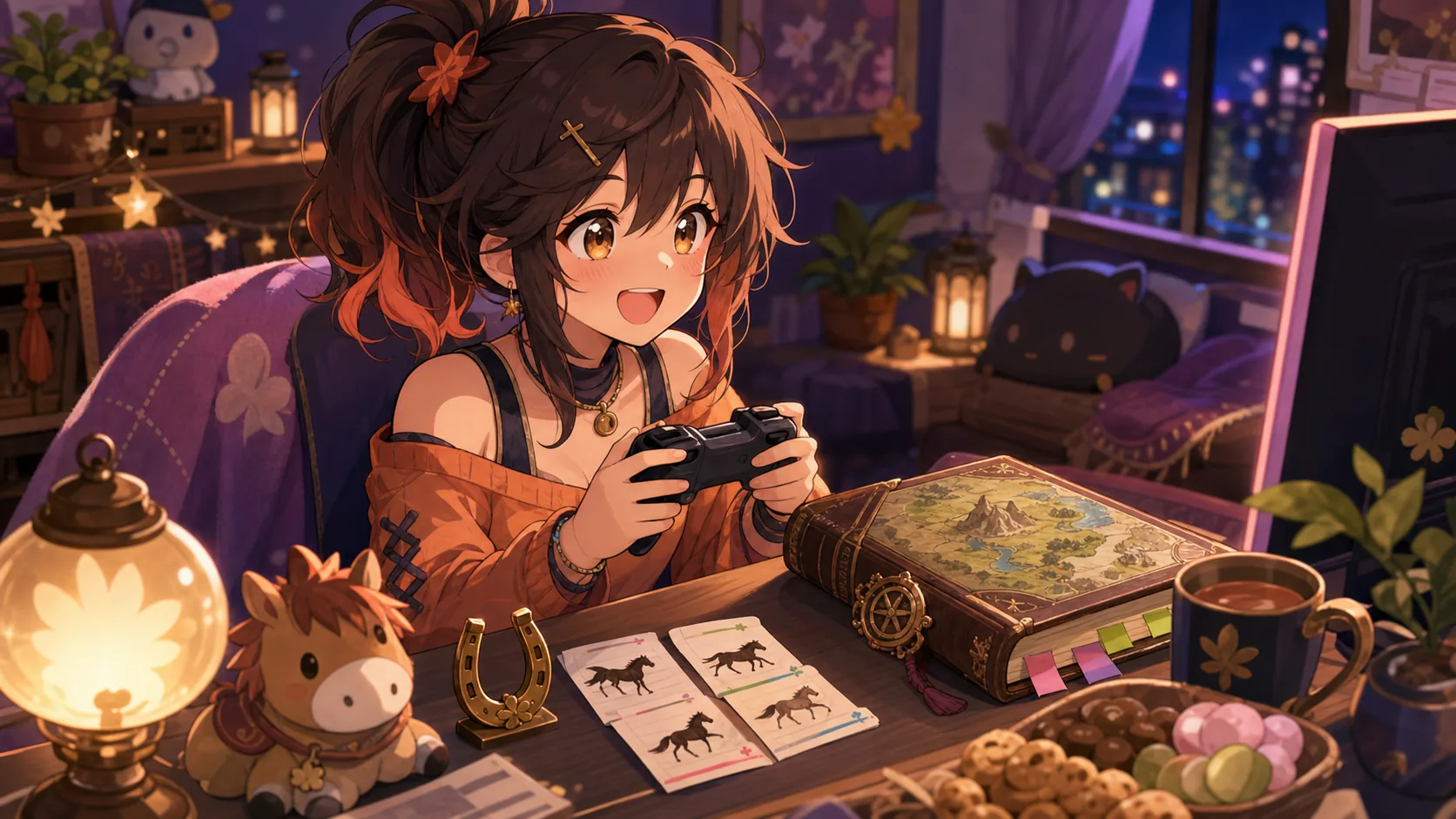 明るい配信机で予想メモとRPGノートを見比べるオリジナルキャラクターのイメージ