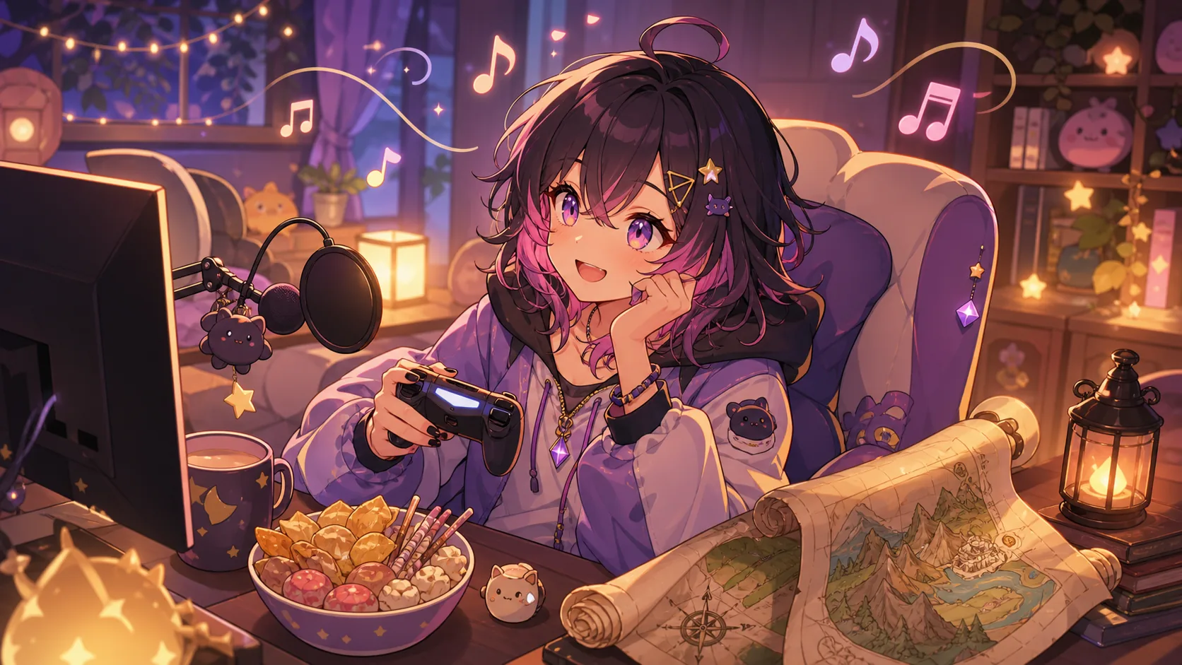 移動中の配信画面を見ながら歌のメモとおやつを並べるオリジナルキャラクターのイメージ