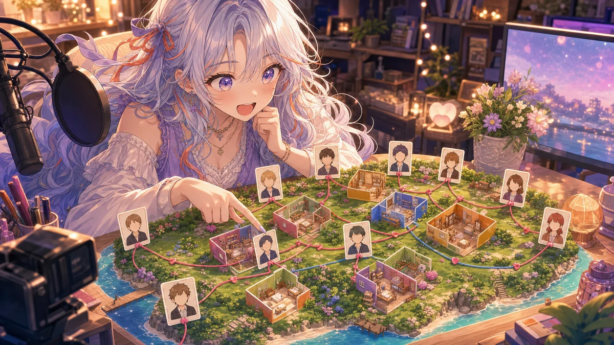 島の部屋割りと住民カードを見比べるオリジナル女性キャラクターのイメージ