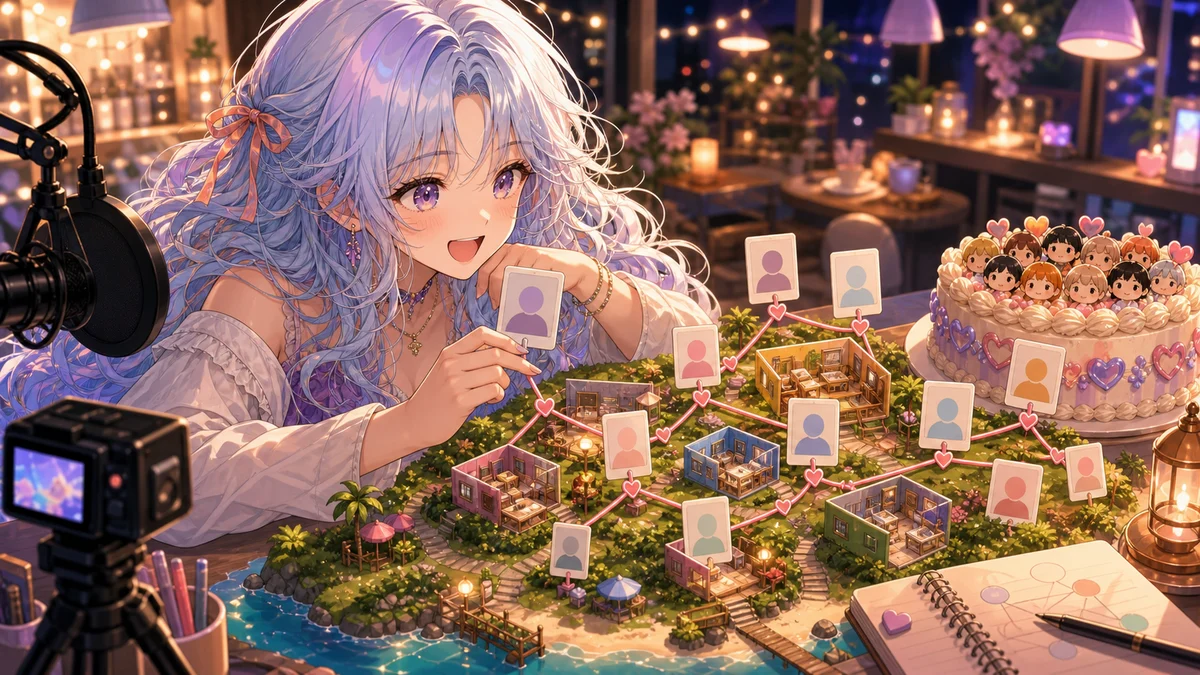 島の関係図と友達ケーキを見比べながら配信メモを整理するオリジナル女性キャラクターのイメージ