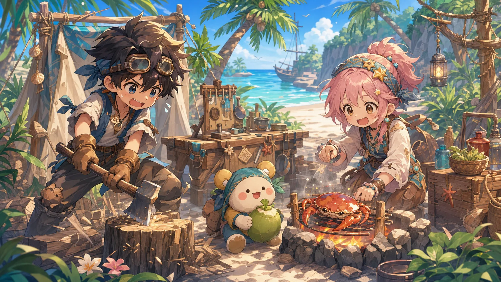 南の島の拠点でココナツとカニを囲むオリジナルキャラクターたちのイメージ