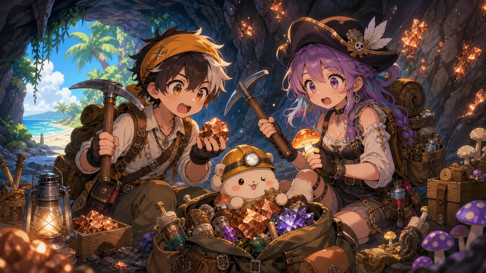 淡く光る洞窟で銅鉱石を掘るオリジナルキャラクターたちのイメージ