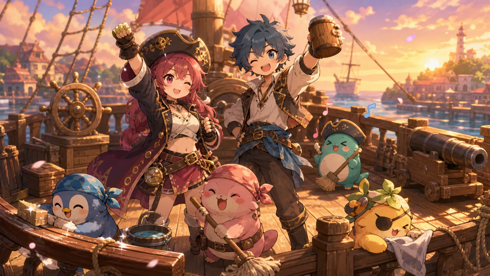 港で修理した船とかわいいクルーたちを囲むオリジナルキャラクターのイメージ