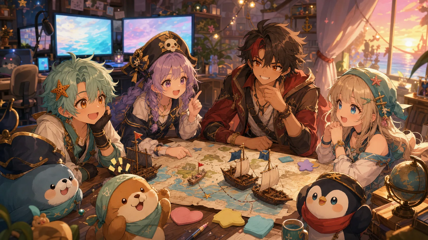 配信部屋で地図と小さな船を囲んで次の遊び方を考えるオリジナルキャラクターたちのイメージ