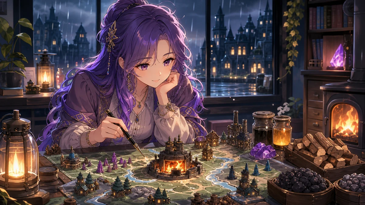 雨の街づくりゲームを試す配信机のイメージ