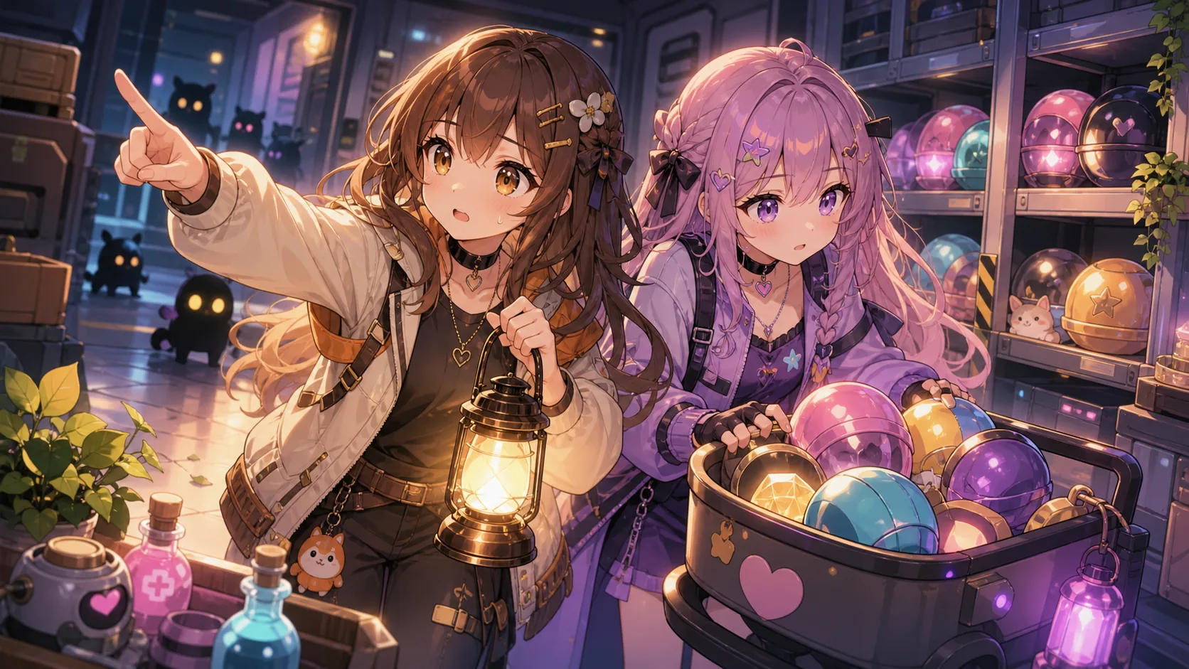 2人協力探索でカートとライトを持つ場面のオリジナルイラスト