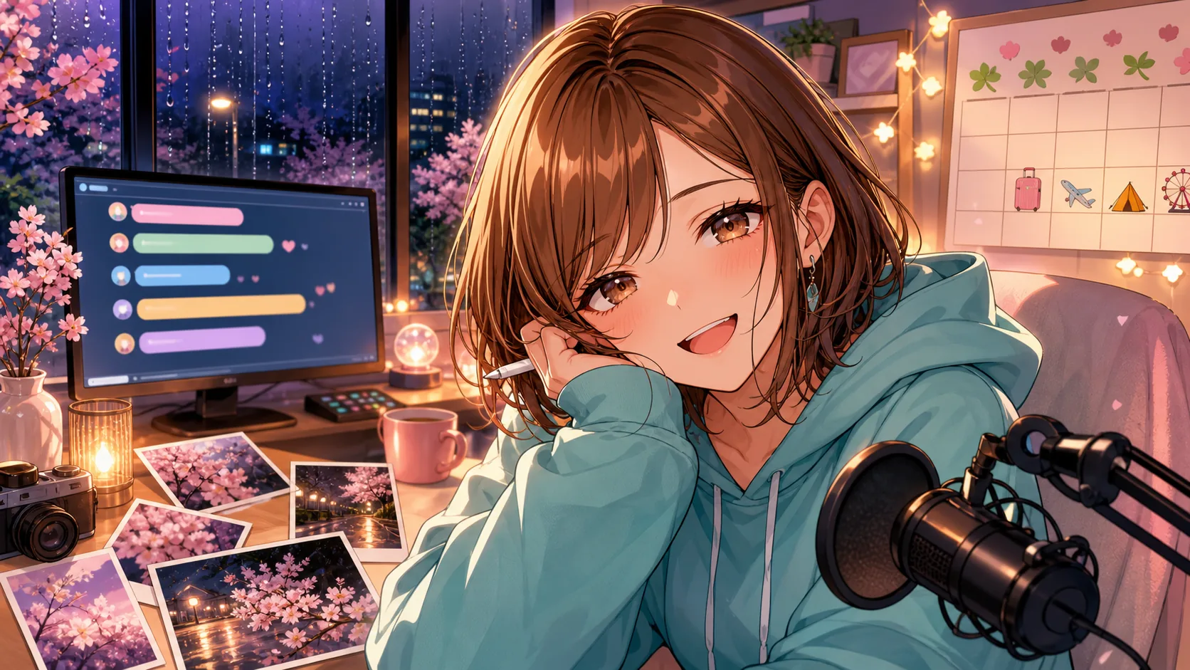 雨上がりの配信部屋で桜の写真とゆっくり動くコメント画面を眺めるオリジナルキャラクターのイメージ