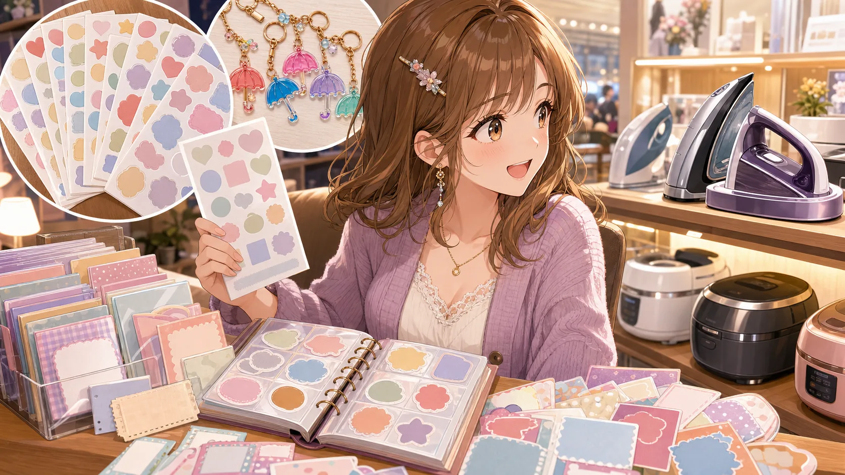 映画館のシール帳と目印チャーム、家電売り場の小物を明るい机に並べるオリジナルキャラクターのイメージ