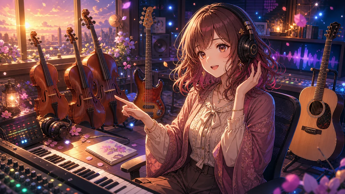 弦楽器と録音機材に囲まれたスタジオで歌を確認するオリジナル女性キャラクターのイメージ