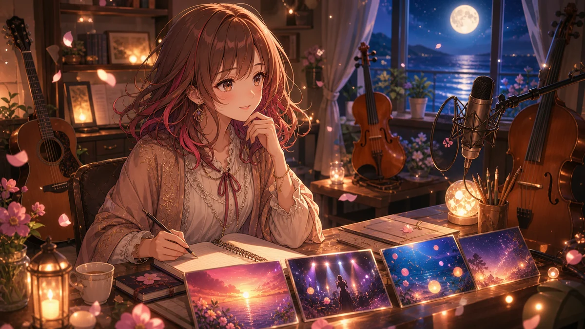 音楽活動の導線とMVの余韻を音楽部屋で整理するオリジナル女性キャラクターのイメージ