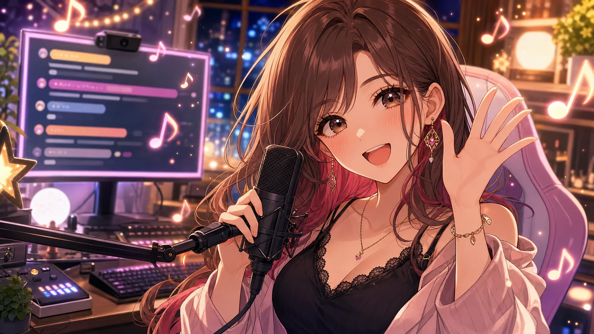 明るい配信部屋でマイクを持ちコメント欄を見ながら歌う女性キャラクターのイメージ