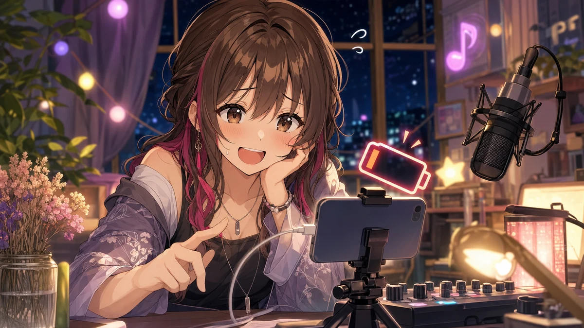 机の上のスマートフォン充電表示と配信カメラを気にしながら笑う女性キャラクターのイメージ