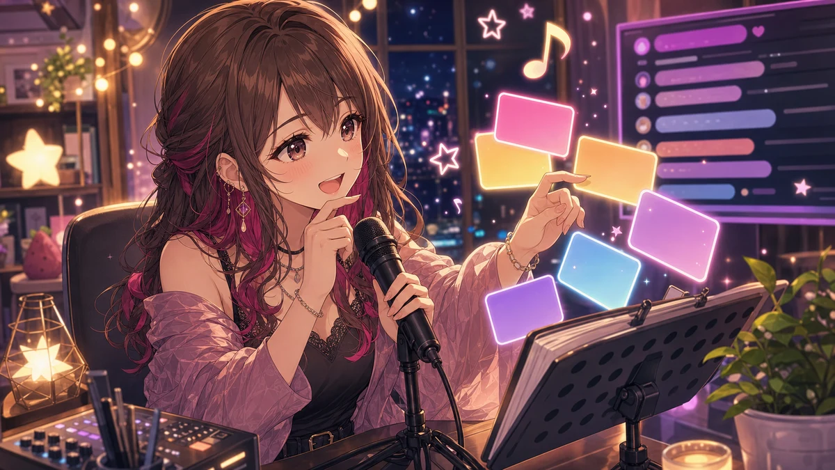 リクエストのメモと星形ライトに囲まれて次の曲を選ぶ女性キャラクターのイメージ