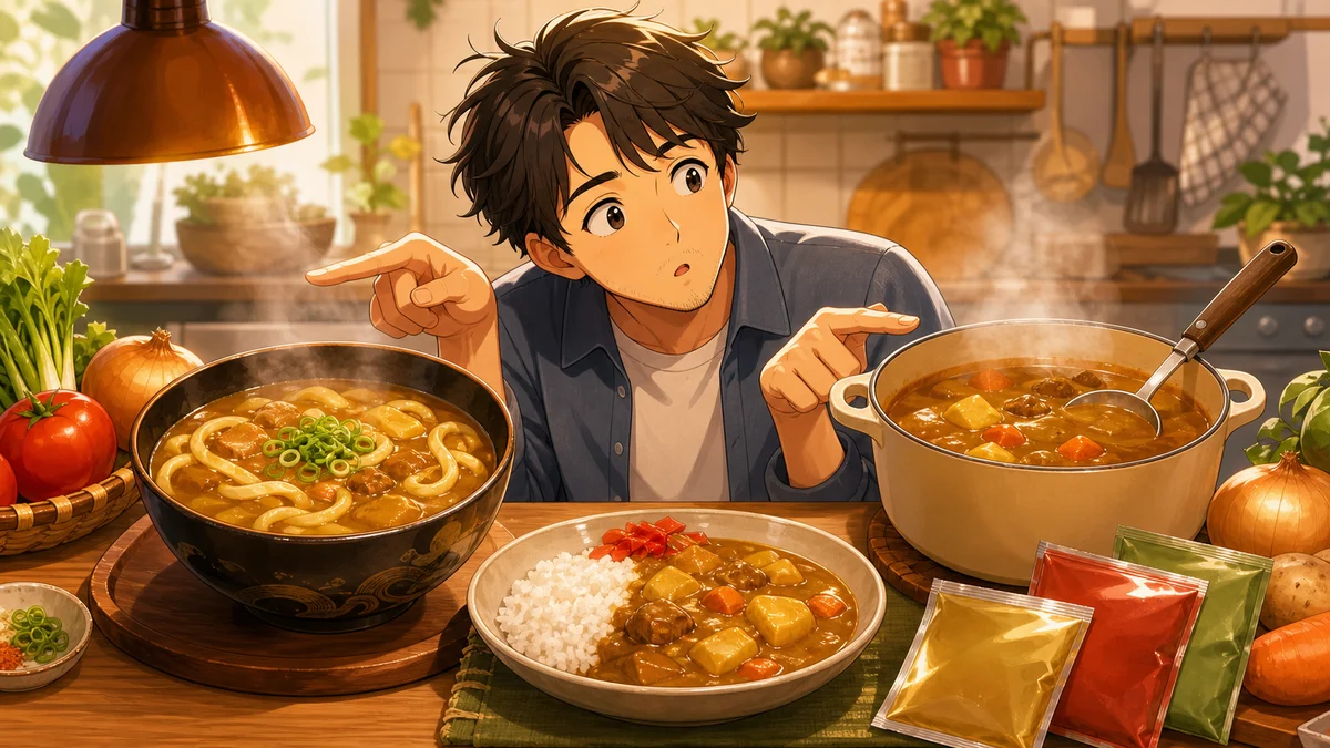 明るいキッチンでカレーうどんの器とレトルトパックを見比べる男性キャラクターのイメージ