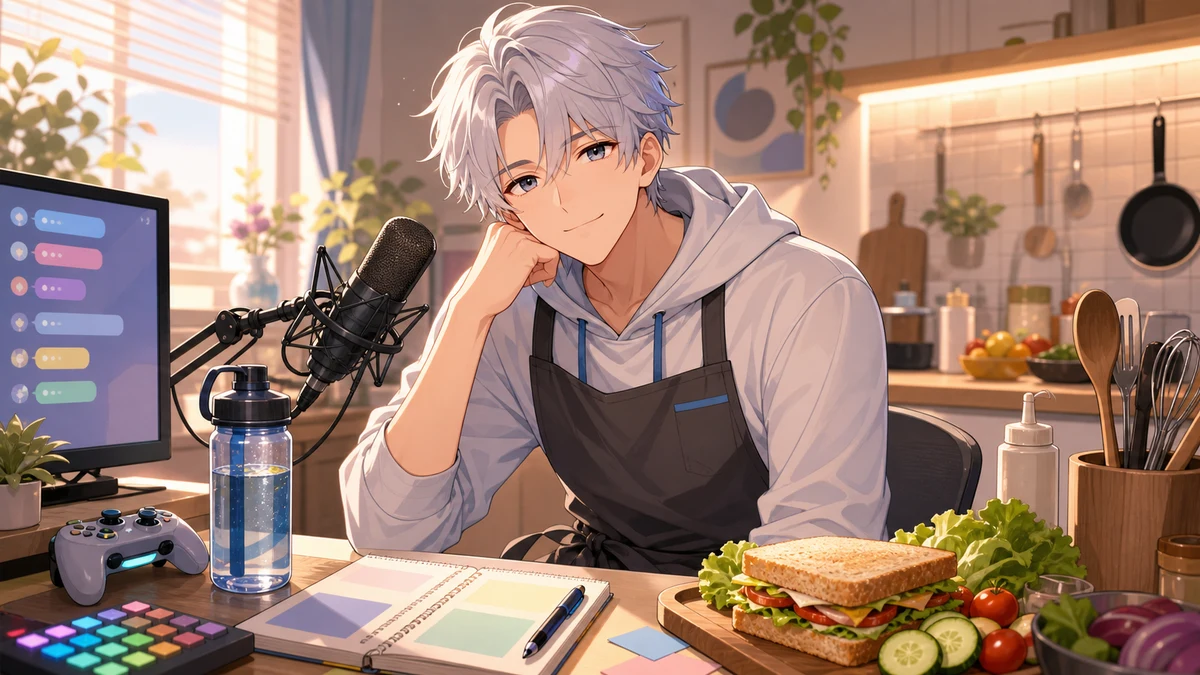 朝のキッチン配信部屋で水ボトルと料理道具に囲まれてほほえむ男性キャラクターのイメージ