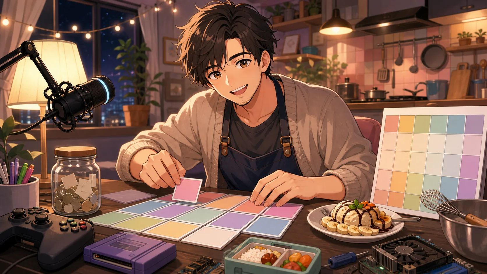 5月の予定表を見ながら配信準備をするオリジナル男性キャラクター
