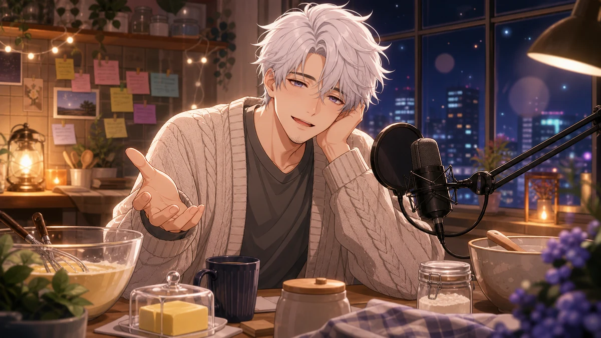 配信机で湯気の立つマグカップと予定メモを前に話す白髪の男性キャラクターのイメージ