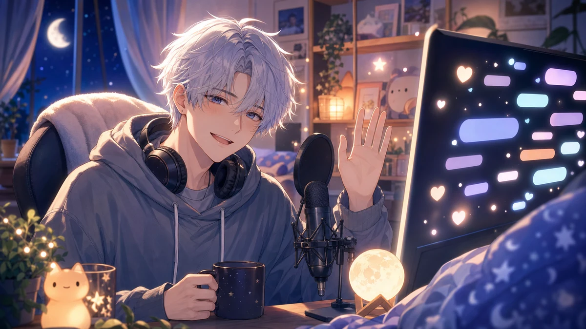 夜の配信画面で小さな吹き出しではなく光るコメント粒を見ながら笑う男性キャラクターのイメージ