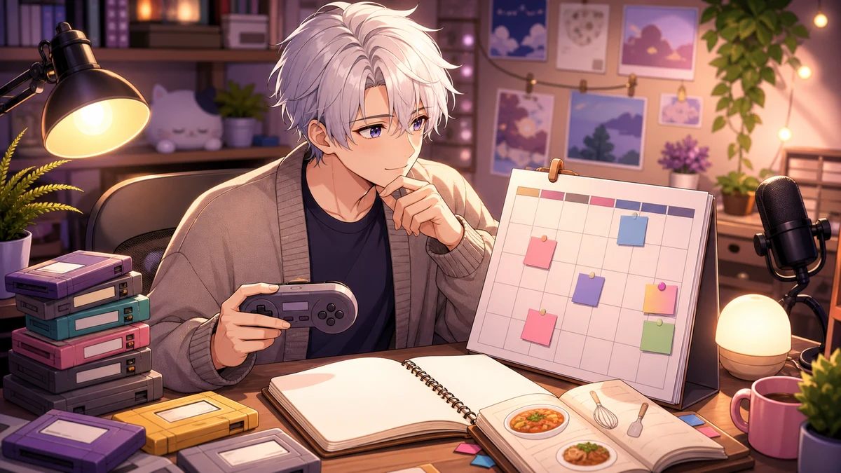ゲームコントローラーと料理メモ、配信予定表を机に並べて考える男性キャラクターのイメージ
