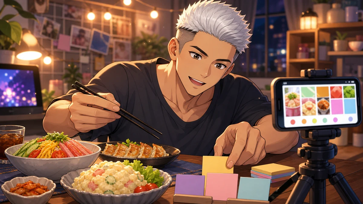 料理写真の投稿画面を見ながらメモ帳とスマートフォンを並べる男性キャラクターのイメージ