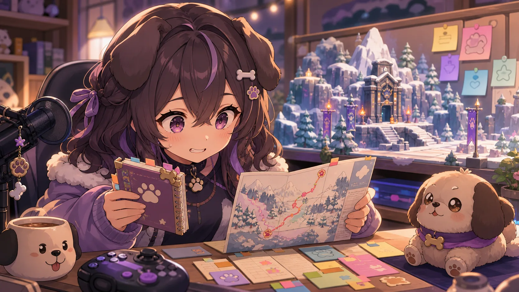雪山ジムと配信メモを見比べる表情豊かなオリジナルキャラクターのイメージ