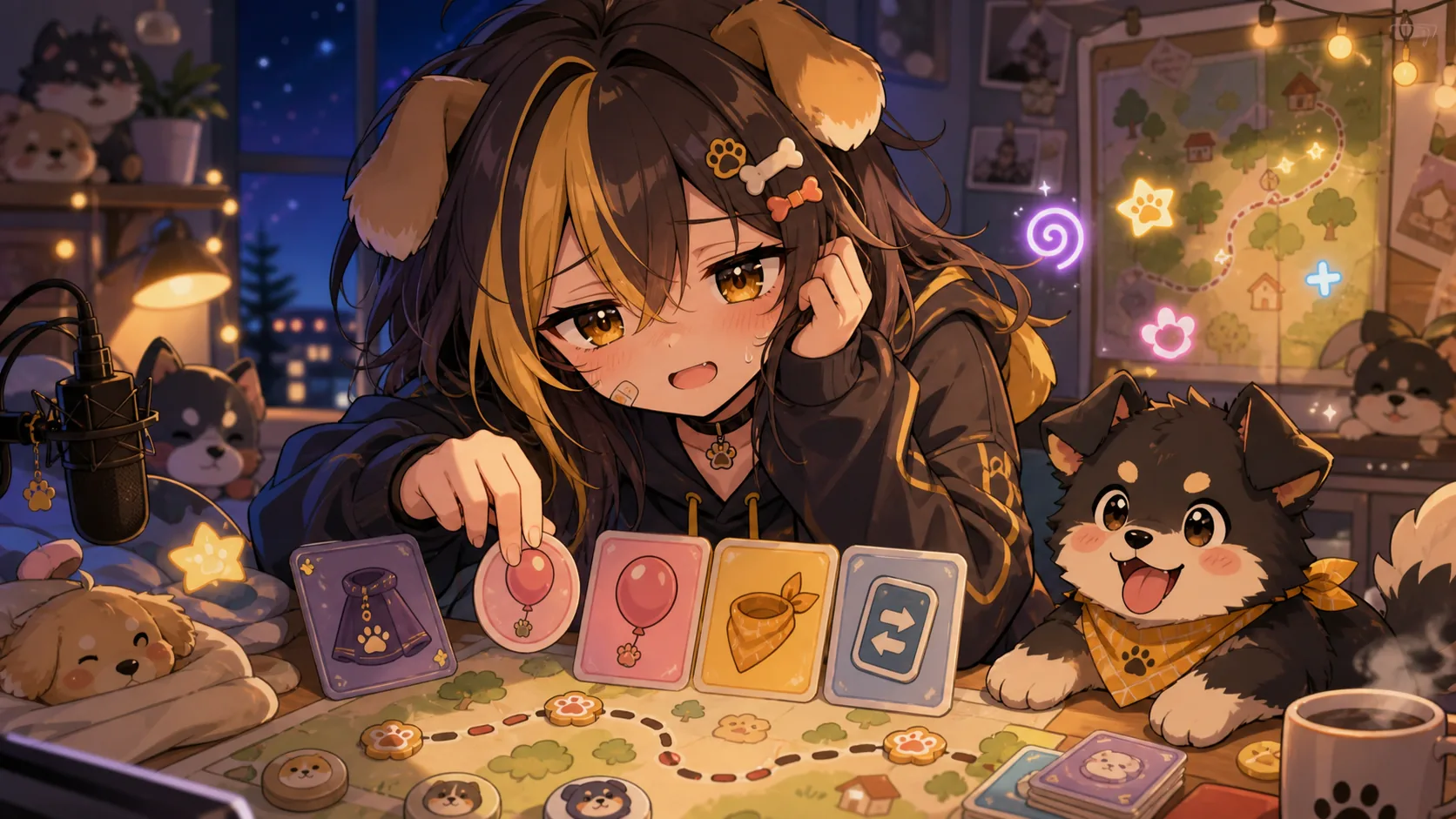 夜の配信机で持ち物候補と犬型マスコットを整理するオリジナルキャラクターのイメージ