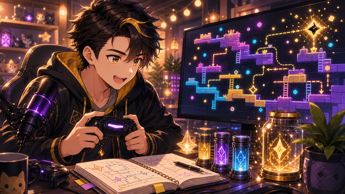 配信机で黒ゼロ解放のルートメモと抽象的なステージを見比べる男性オリジナルキャラクターのイメージ