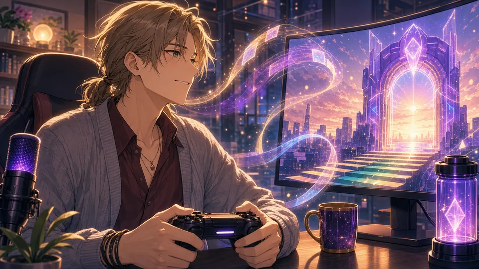 クリア後の光と次の章へ続く扉を見つめるオリジナル男性キャラクターのイメージ