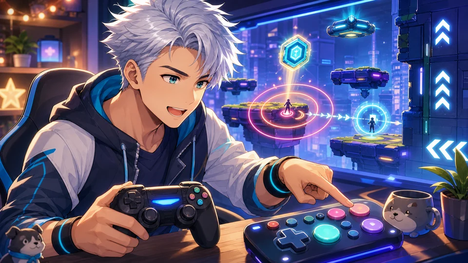 銀白髪の男性キャラクターが配信机でコントローラーと光るボタンを確認しているイラスト