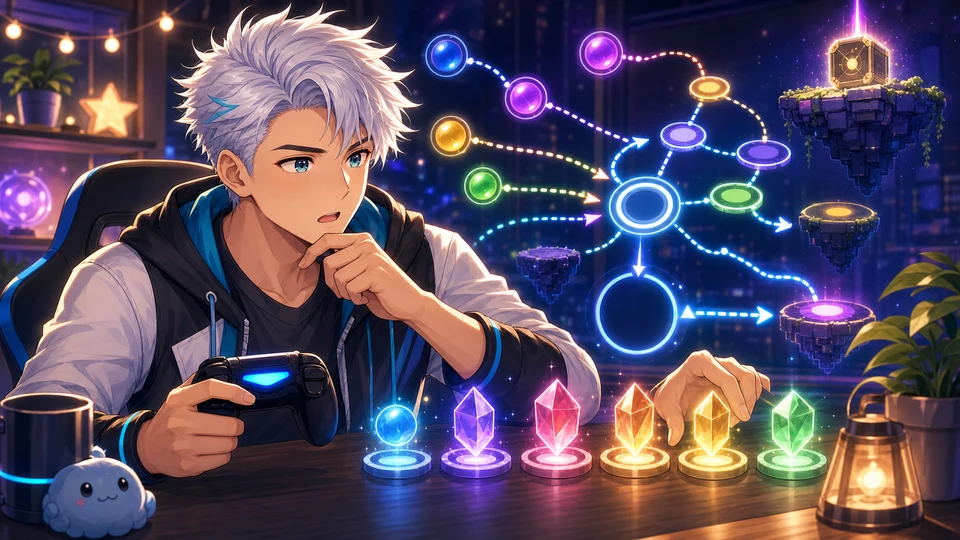 銀白髪の男性キャラクターが光るルート図とアップグレードの宝石を見比べるイラスト