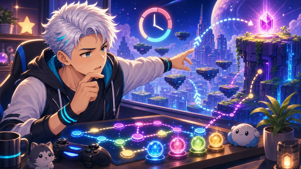 銀白髪の男性キャラクターが高い足場の光る回収物へ手を伸ばすイラスト