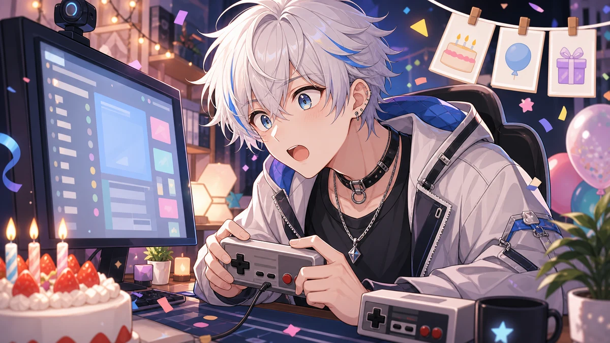 配信机でモニターを確認しながらコントローラーを構える男性キャラクターのイメージ