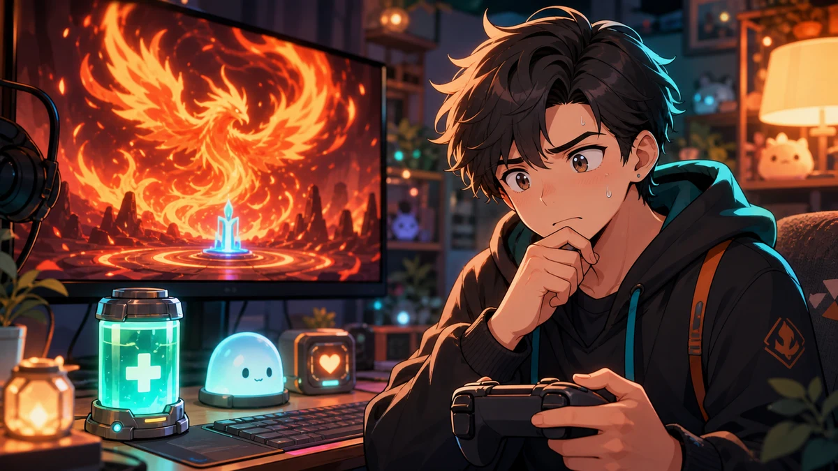炎の抽象アリーナで回復カプセルと光るチェックポイントを見比べる男性キャラクターのイメージ